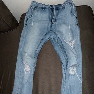 ZGY Denim Mens Light Wash Ripped Jeans Low Crotch Slim Taper